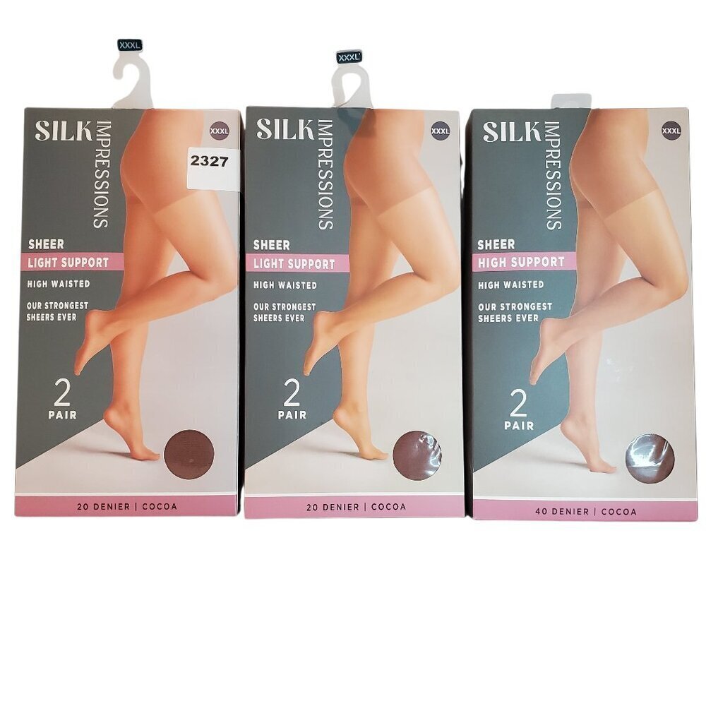 Silk Impressions Sheer Pantyhose Tights 3 Packs of 2 Pair in Cocoa SZ XXXL